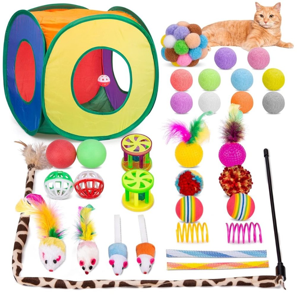 33 PCS Cat Toys Kitten Toys Set, Collapsible Cat Tunnels for Indoor Cats